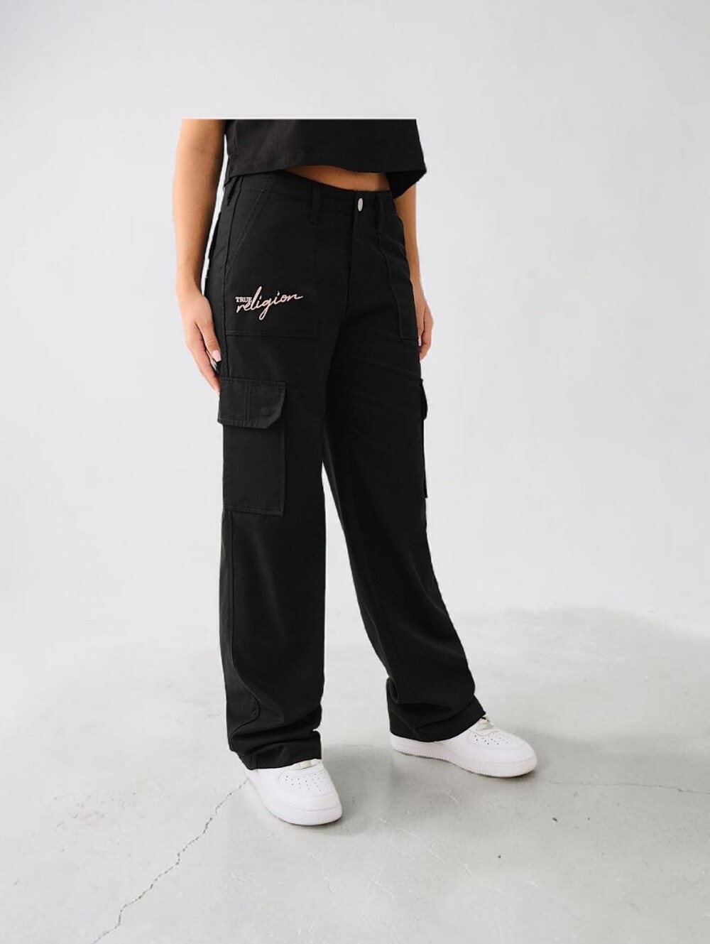 True Religion Black Wide Leg Cargo Pants with Script Logo